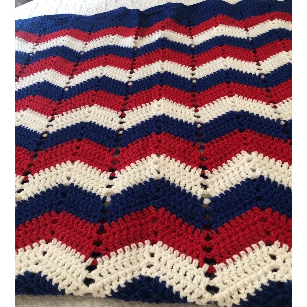 Granny Blanket Crochet Red White Blue Patriotic Americana Handmade Throw 32 X38